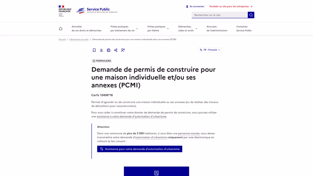 Formulaire Cerfa 13406 PCMI rempli — rubriques surface de plancher et emprise au sol
